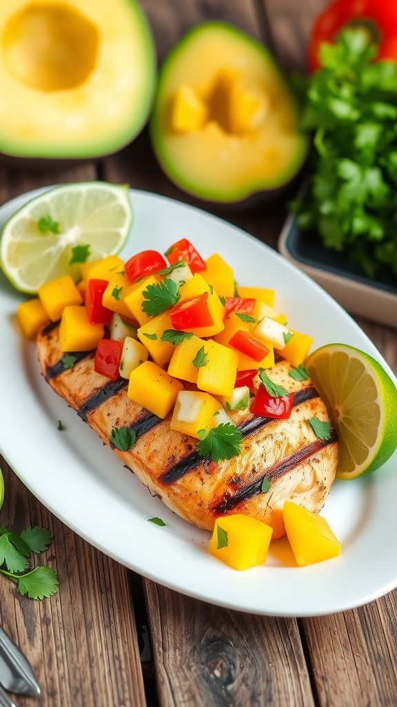Grilled chicken breast topped with bright mango salsa on a rustic table.